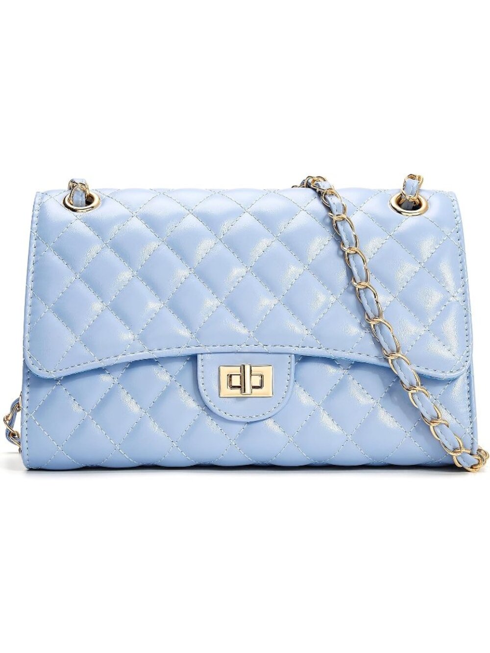 Women's Light Blue Quilted Pu Leather Chain Strap Crossbody Shoulder Bag